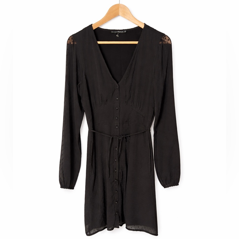 Abercrombie & Fitch Black Button Front Mini Dress Long Sleeve Tie Waist Size M